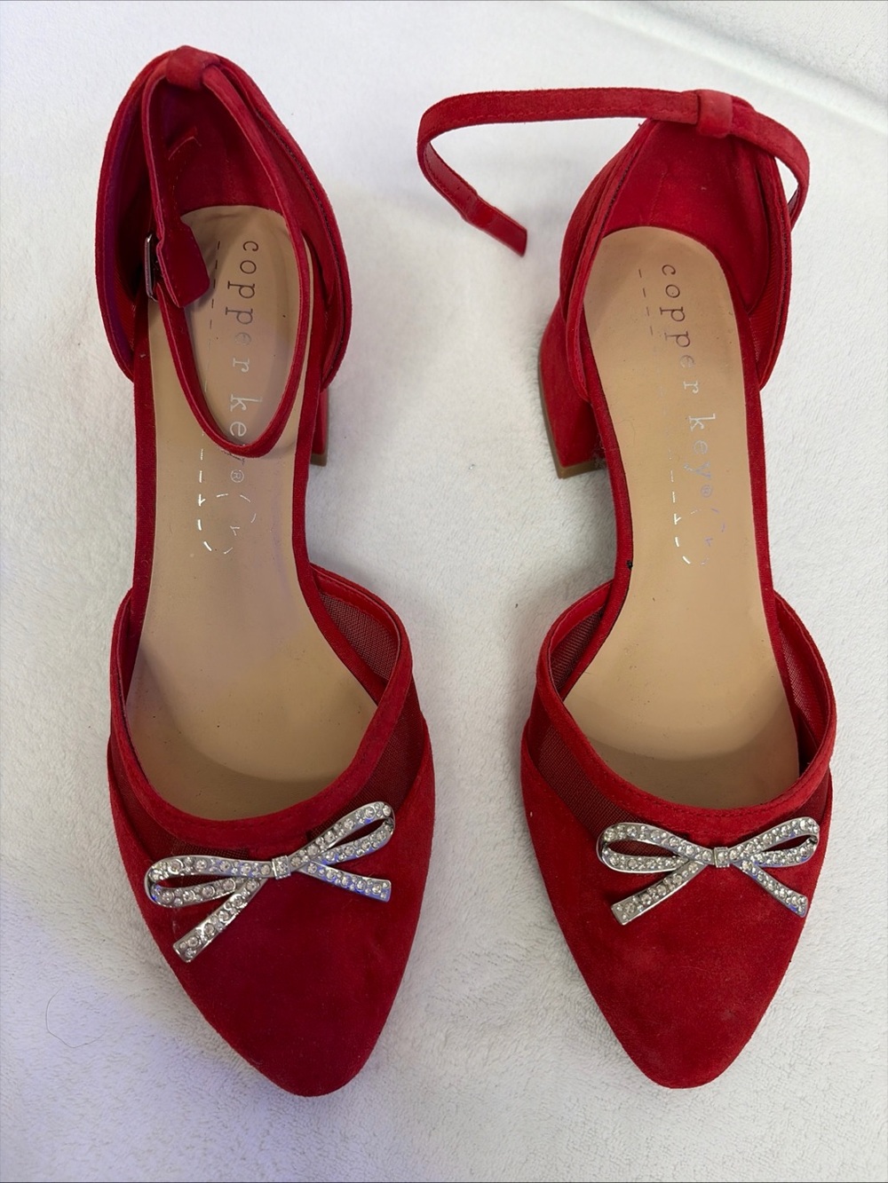 Copper Key Red Suede Pointed-Toe Ankle-Strap Heels with Rhinestone Bow - Picture 3 of 7